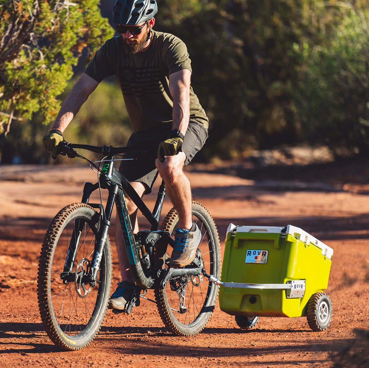 Moss 45 is being towed behind a Mountain bike with the BikR Kit.