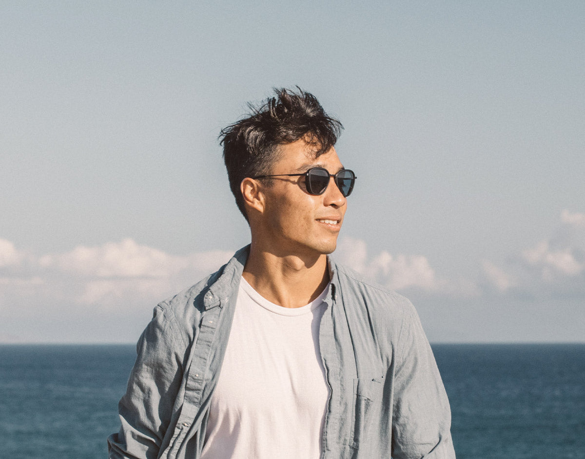 STORY guy standing in the wind wearing sunski bernina sunglasses