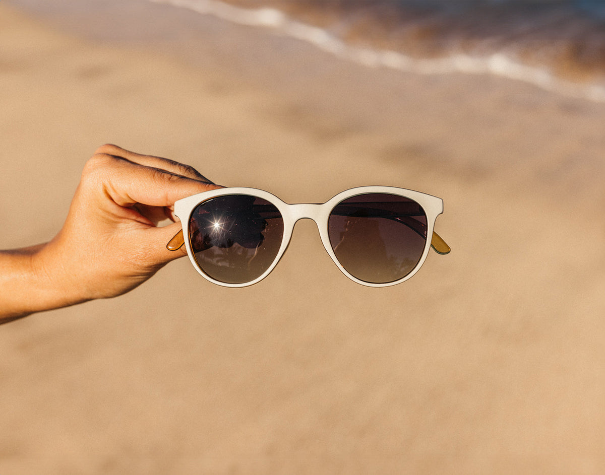 STORY hand holding sunski makani sunglasses on beach