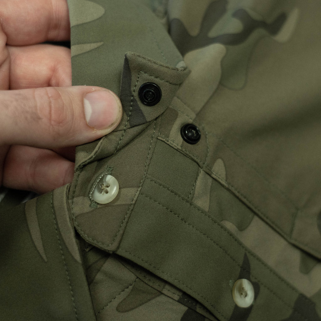 short sleeve camo shirt close up collar snap