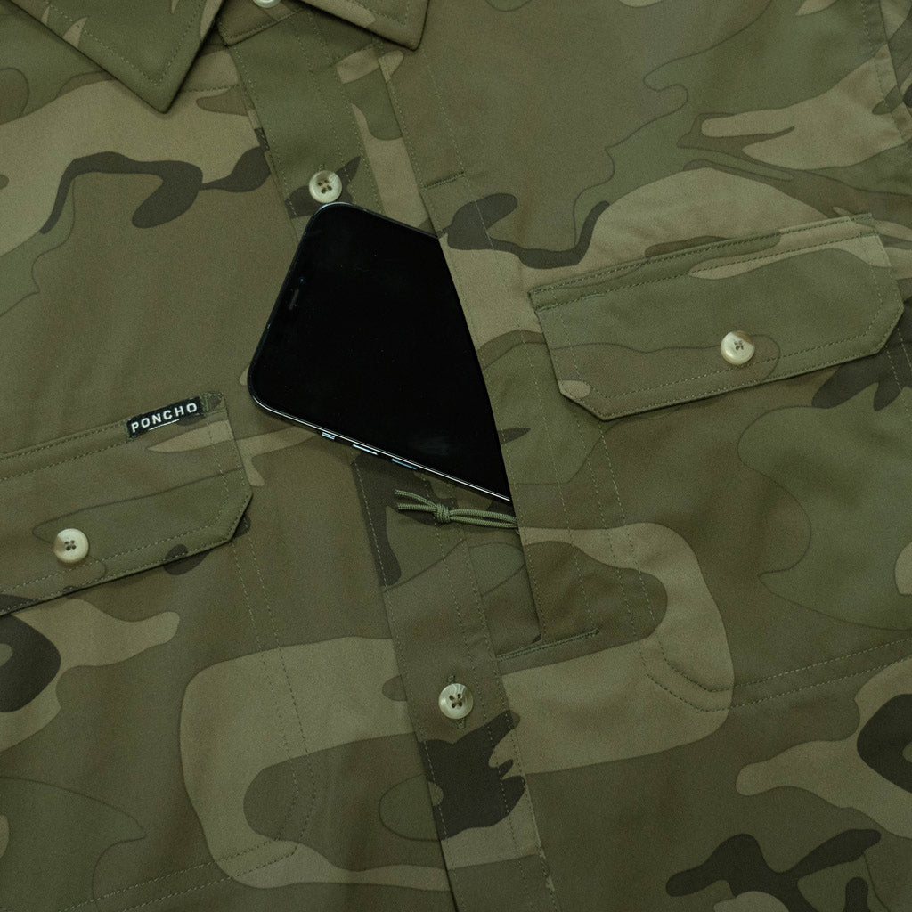 long sleeve camo shirt cell pocket 